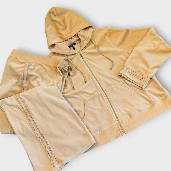 Daisy Fuentes Velvet Plush Hoodie Lounge Sweatpants Set Wide Leg Womens 1X Beige - Picture 2 of 12